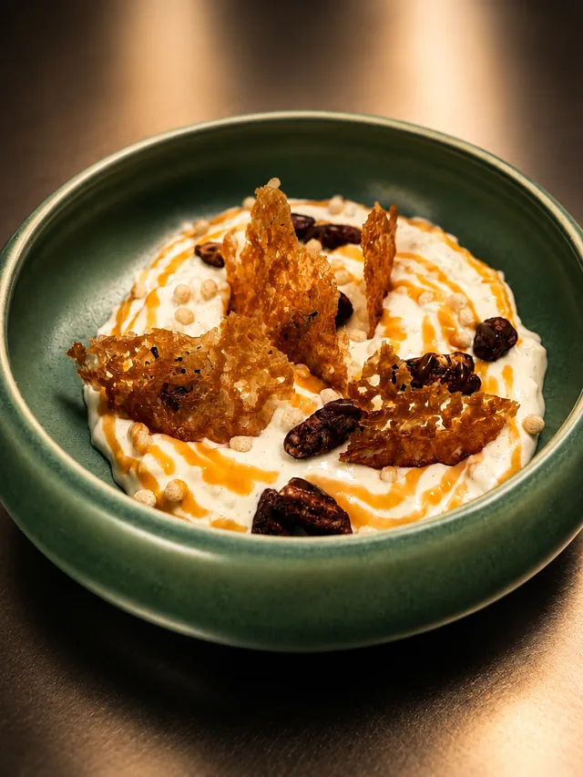 Riz au lait vanillé, caramel, noix de pécan torréfiées et tuile croustillante